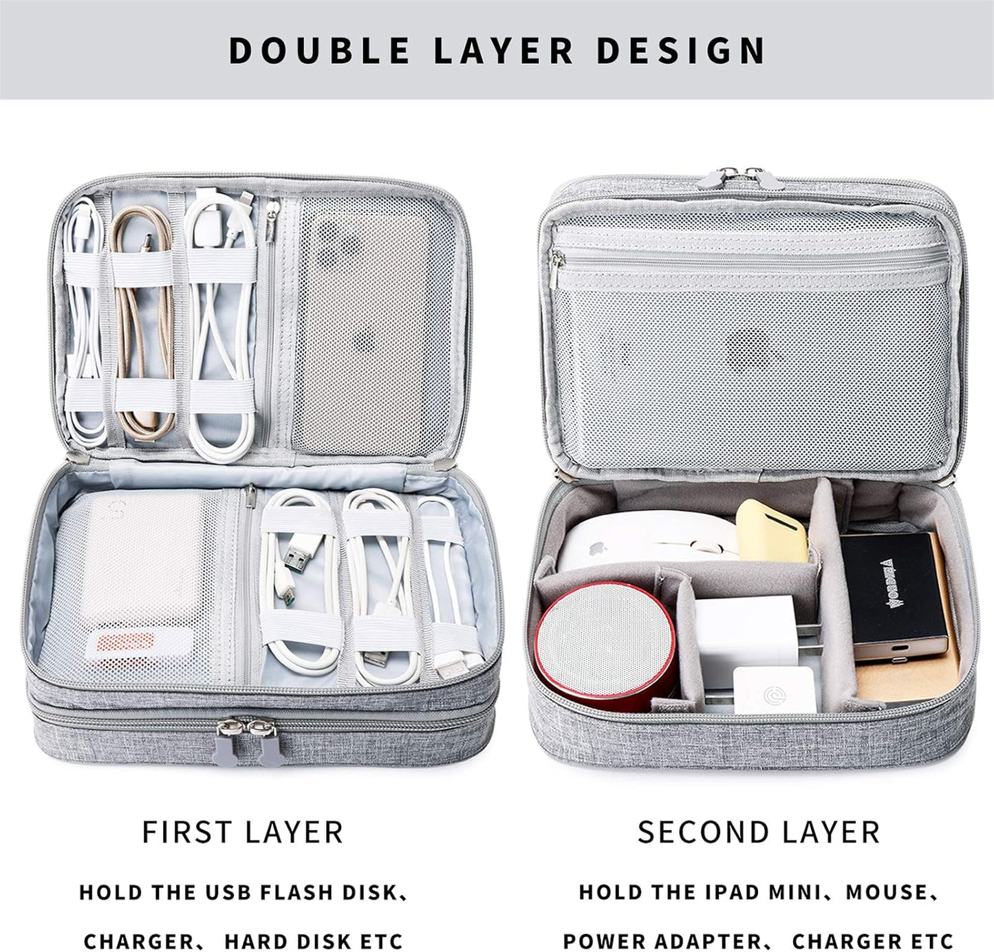 mygreen Electronics Organizer, Electronic Accessories Double Layer Travel Cable Organizer Cord Storage Bag for Cables, Power Bank, USB Flash Drive and More Gray