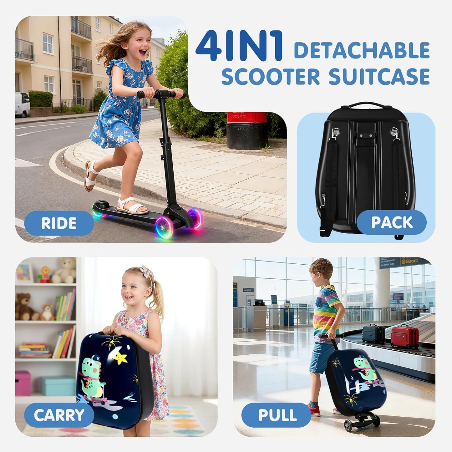 4-in-1 Detachable Scooter Luggage for Kids & Teens – Hardside Ride-On Suitcase with Led Light Up Wheels, Dinosaur Design, Lightweight Foldable, Perfect Travel Gift for Boys(Navy Blue 22-inch)