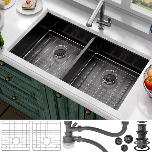 33 Inch Undermount Kitchen Sink Stainless Steel, 33x19 Double Bowl Kitchen Sinks 50/50 Commercial 16 Gauge 304 Stainless Steel Sink,Black