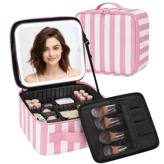 Makeup Bag With LED Mirror, Travel Makeup Case with Light up Mirror Large Cosmetic Case with 3 Color Lighted Portable Organizer Bag with Adjustable Dividers (Pink/White Stripes, Small)