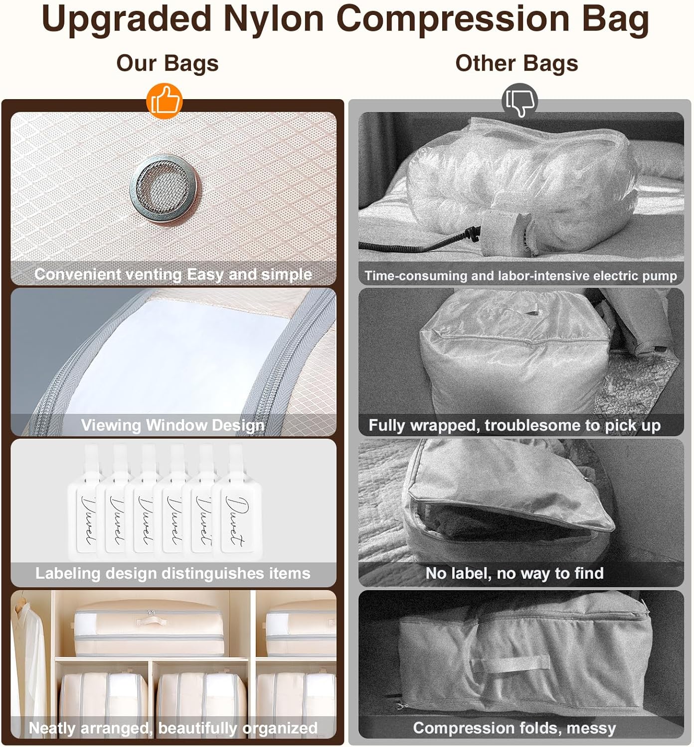 6 Pack Compression Storage Bags - 110L Large Capacity Comforter Storage Bag, 3-Layer Washable Ultra Space Saving Self Compression Organizer Space Bags for Blankets, Sweaters, Sheets, Beige