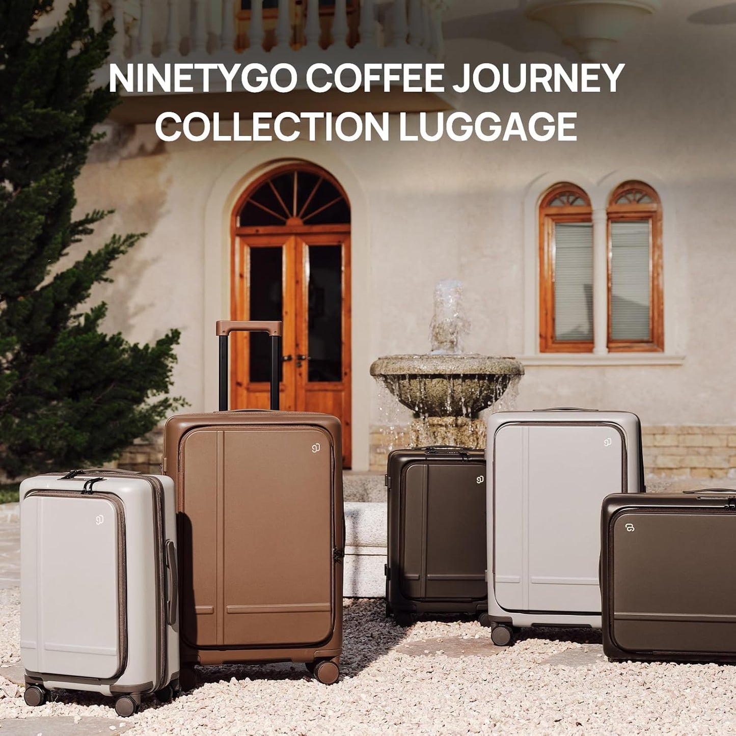 NINETYGO Carry On Luggage 22x14x9 Airline Approved, 20 Inch Suitcase with Front Compartment & Cup Holder, Coffee-Infused PC Hard Shell, Eco-Friendly, TSA Lock, 360° Spinner Wheels (Oats White)