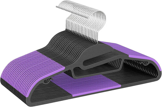 BAGAIL Plastic Hangers 50 Pack with Non-Slip Design,0.2 Inches Thick, 360°Swivel Hook Space Saving Organizer for Bedroom Closet,Shirts,Pants(Purple- S Shaped)