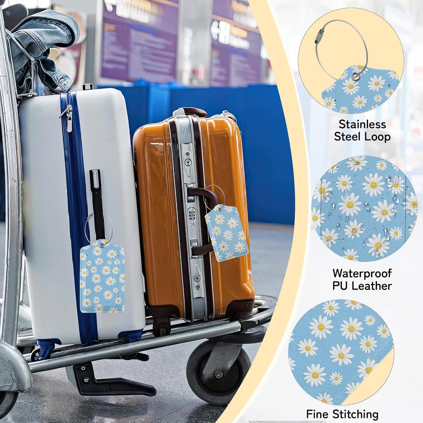 3 PCS Vintage Groovy Flowers Luggage Tags,Suitcase Tags Privacy Cover ID Label with Stainless Steel Loop and Address Card for Travel Bag Suitcase