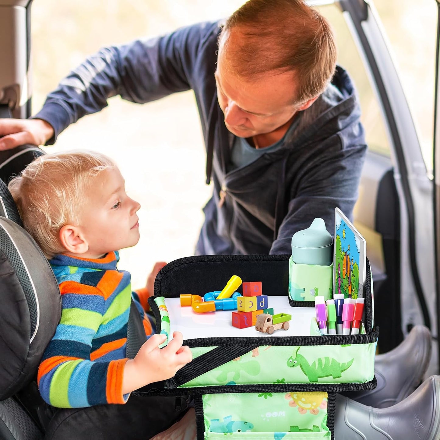 Kids Travel Tray, Car Seat Tray for kids Travel, Toddler Road Trip Essentials With Drawing Kit, Toddler Lap Desk Organizer for Car, Carseat Table for Airplane