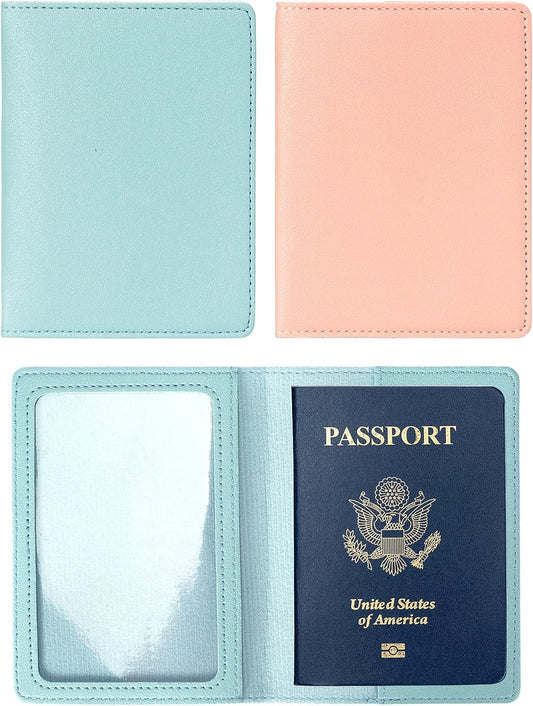 2 Pack Passport covers and Vaccine Card Holder PU Leather Passport Wallet Vaccine Case Protector Slot Travel Passport Wallets for Women & Men (Blue & Pink)
