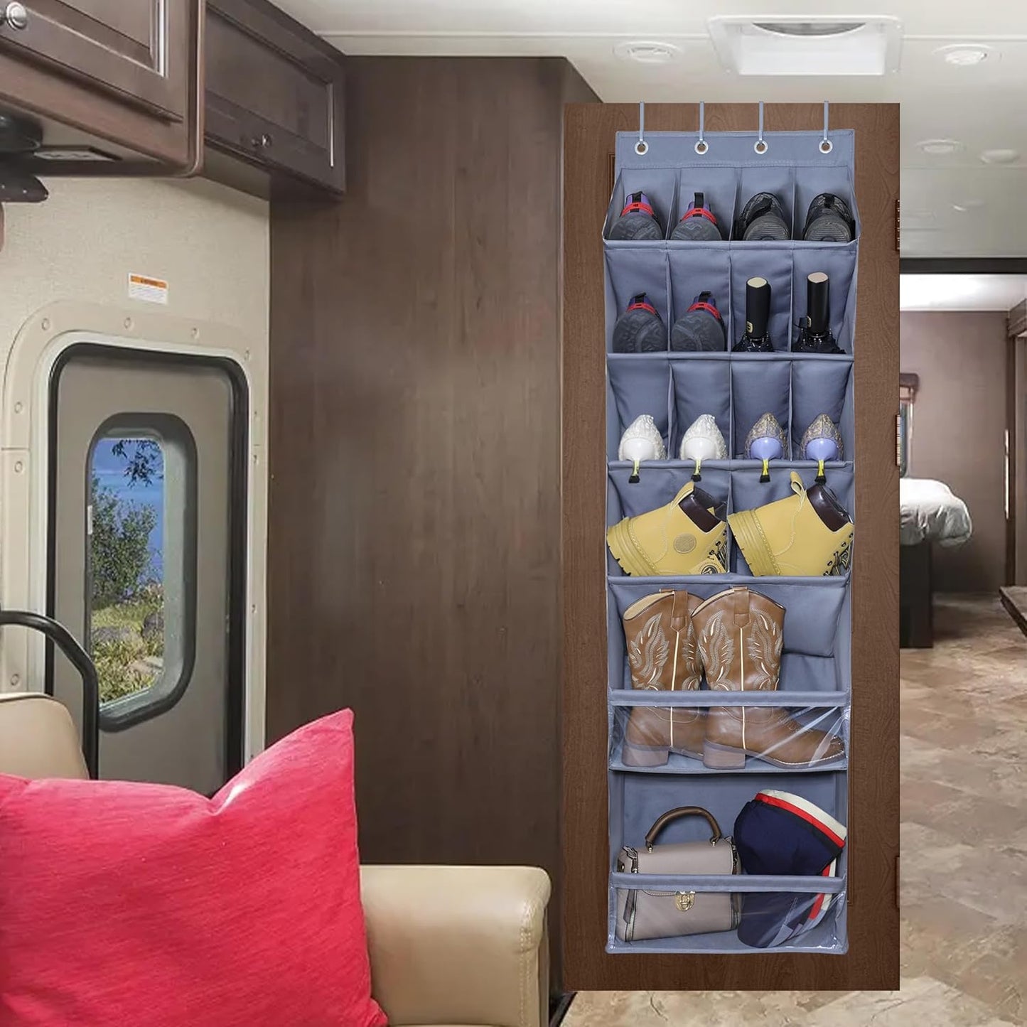 Over The Door Shoe Organizer with Large Deep Pockets Hanging Multifunction Shoe Holder for Narrow Door Dorm Closet, Grey 16 Pockets