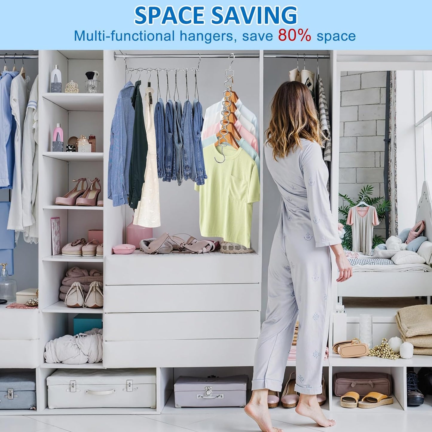 12 Pack Space Saving Hangers for Clothes, Heavy Duty 30Lbs Capacity Magic Clothes Space Saver Sturdy Metal Hanger Organizer with 360° Swivel Hook, Closet Organizers Storage Dorm Essentials Silver