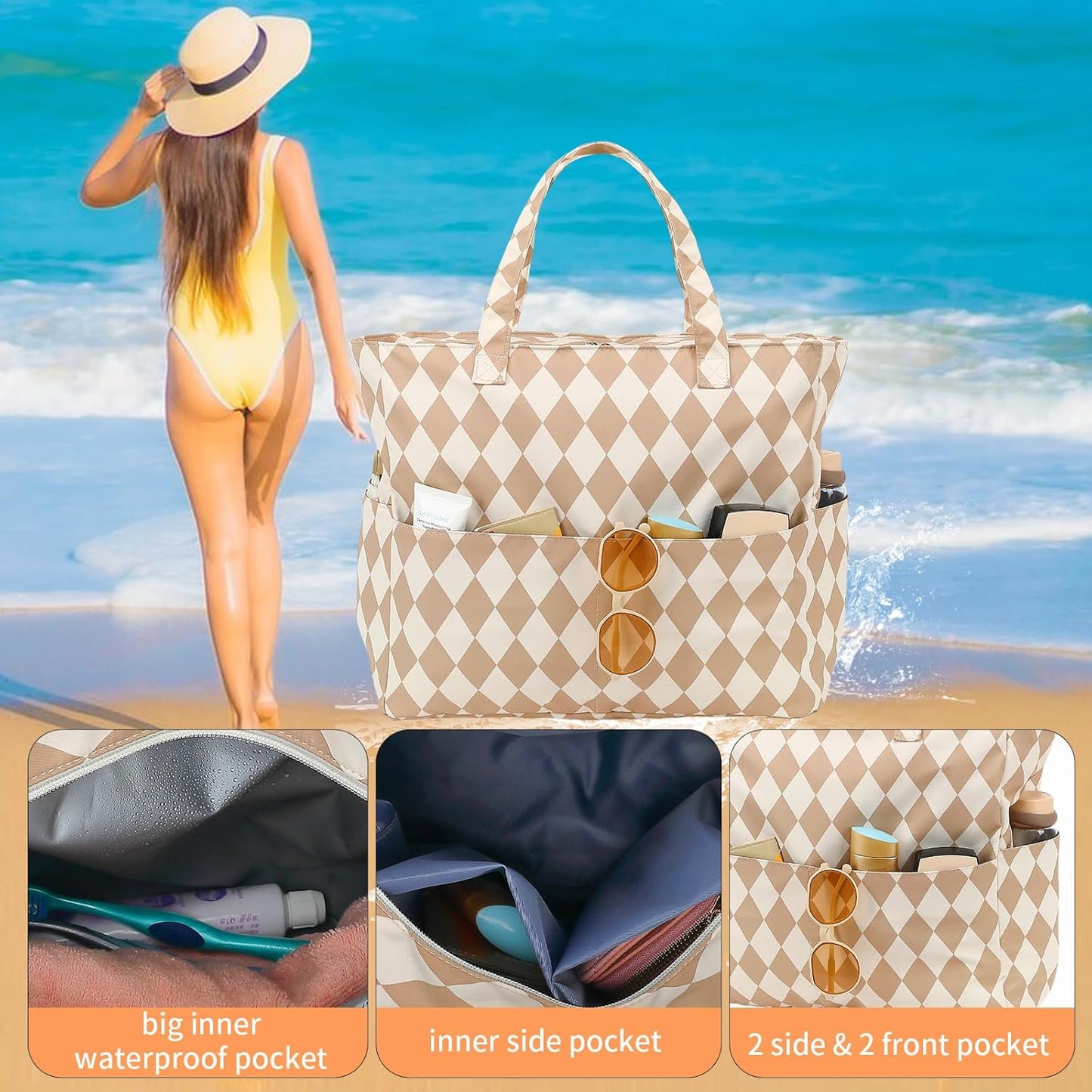 LEDAOU Large Beach Tote Bag Women Waterproof Sandproof Zipper Beach Tote Bag for Pool Gym Grocery Travel with Wet Pocket
