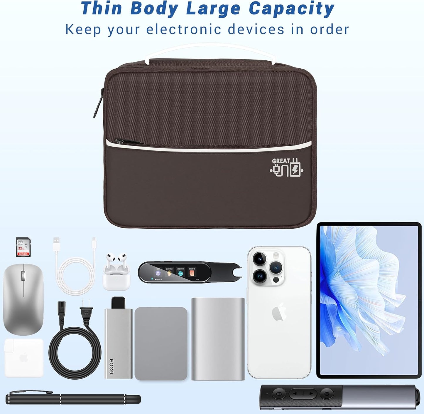 Electronics Organizer,Travel Cord Organizer Pouch, Portable Cable Organizer Bags, Waterproof Electronic Accessories Storage Case for Cables, Cords, Charger, Phone (Three Layer-Brown)