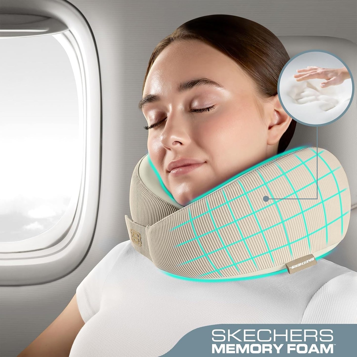Skechers Men's Memory Foam Neck Pillow, Comfortable & Breathable Travel Pillow, Neck Pillow Airplane for Travel, Car Rides, Home, and Office Use, Ergonomic Design for Men and Women,Beige