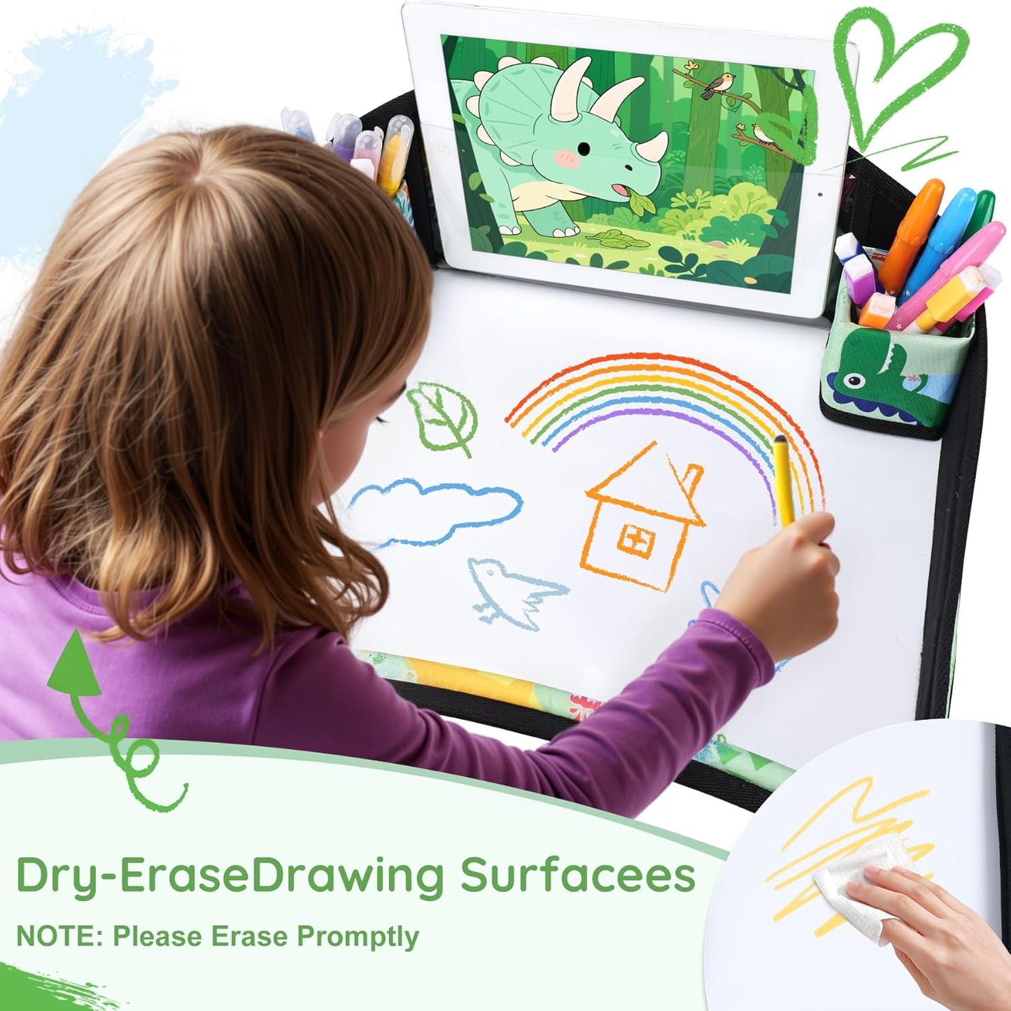 Kids Travel Tray, Kids Travel Trays for Car Seat, Road Trip Essentials for Toddler, Carseat Lap Tray with Dry Erase Board & Storage Organizer for Road Trip Activities for Kid, Green