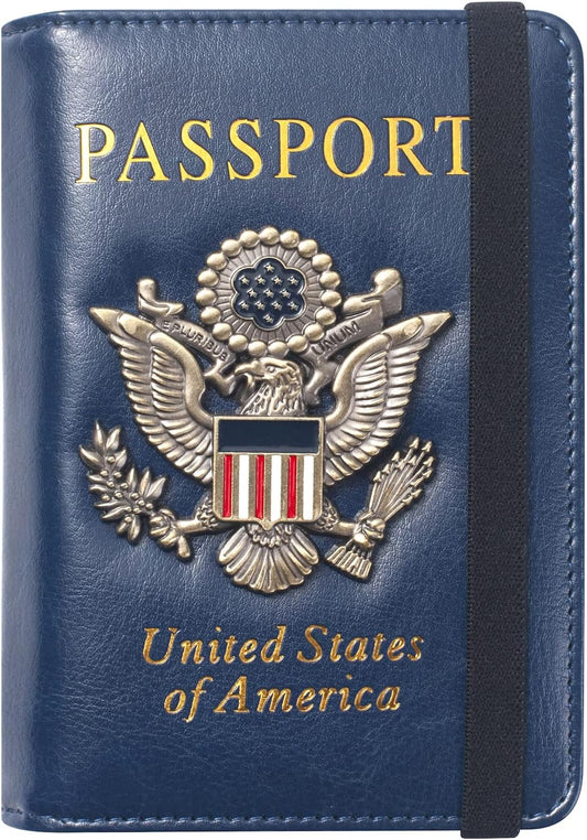 Passport Holder for Travel Passport Cover for Men Passport Wallet Case With 3D Metal Badge Protector Leather Card Case RFID Blocking Women Travel Accessories Document Organizer (Navy Blue)