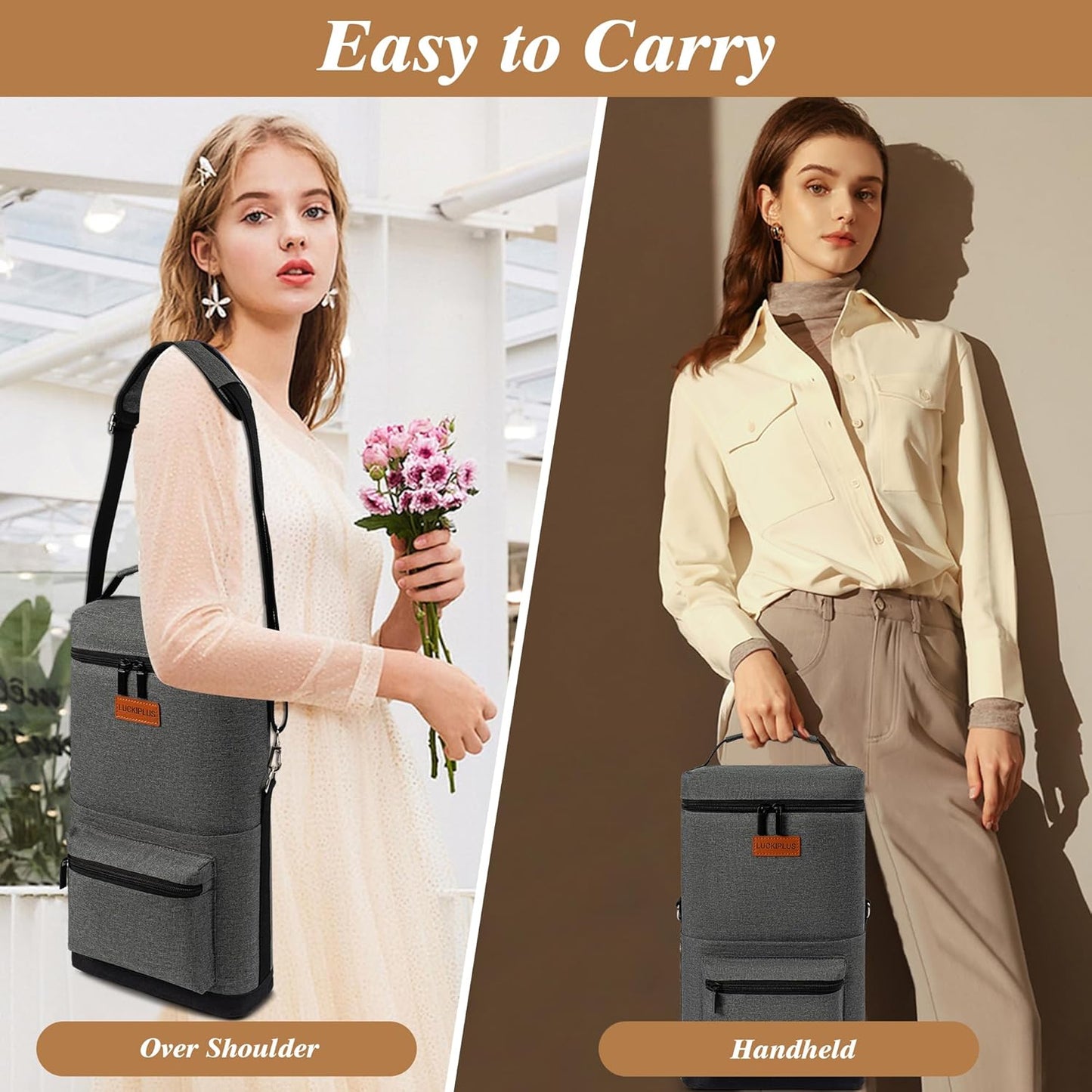 2 Bottle Wine Bag Carrier Tote, Portable Wine Cooler Bag with Padded Shoulder Strap, Versatile Liquor Case for Picnic Travel Birthday Party Coolest Gift for Women Men Wine Lovers Grey