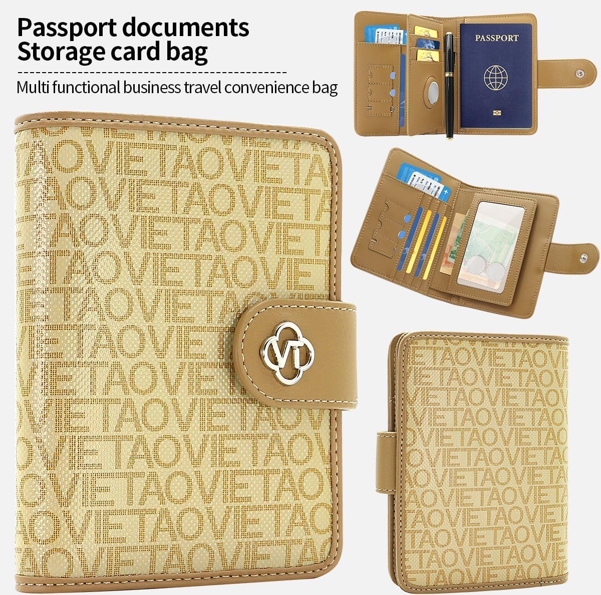 Passport Holder Wallet Bag with AirTag Holder, Card Slots Passport Solt Ticket Cash Solt, Photo Solt Sim Card Pen Slot.Apricot