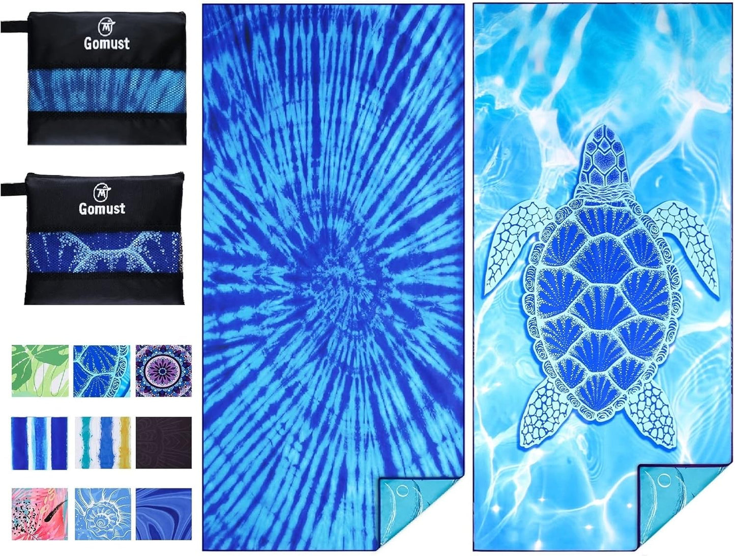2 Pack Lightweight Thin Beach Towel Oversized 71"x32" Big Extra Large Microfiber Sand Free Towels for Adult Quick Dry Travel Camping Beach Accessories Vacation Essential Gift Blue Tie Dye Turtle