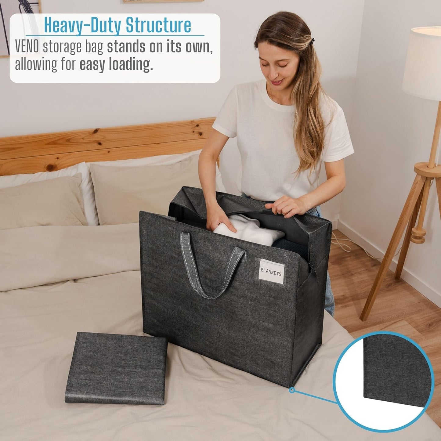 VENO 4 Pack Heavy Duty Moving Bags, Storage Bags, Packing Supplies, Top Zipper, Storage Totes for Camping, Clothes, Bedding, Comforters, Pillows (22 Gallon Dark Gray, 4 Pack)