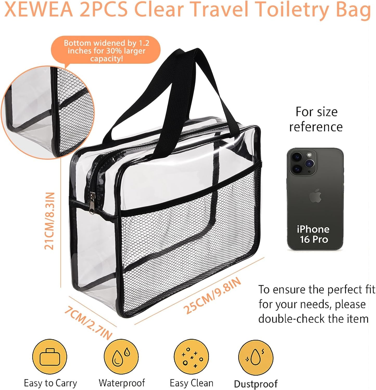 XEWEA 2PCS Middle TSA Approved Clear Travel Toiletry Bags for Men Women, Transparent Makeup Cosmetic Bag with Handle Zipper, Waterproof PVC Quart Organizer Pouch for Airport Airline Essential, Balck