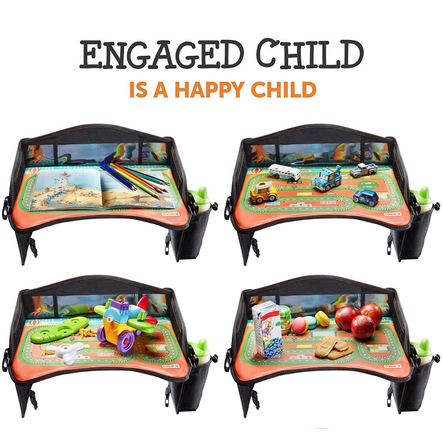 Coolmum Kids Travel Tray, Toddler Car Seat Tray, Double Sided Activity Organizer, Snack Lap Tray, Baby Stroller Table, Airplane Play Table, Waterproof and Foldable (Premium Black)