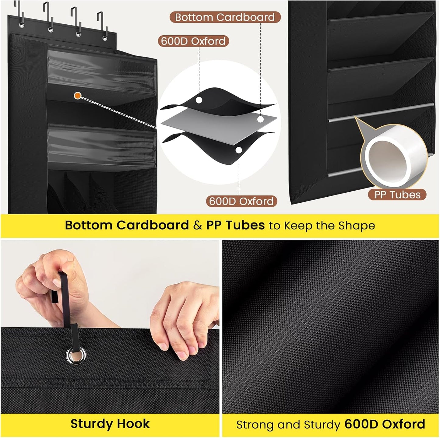 Over the Door Shoe Organizer for Closet, Shoes Rack with 8 Tier Large Deep Pockets, Hanging Shoe Organizers for Boot Storage, Behind the Door Narrow Shoe Holder for Small Shoes, Black