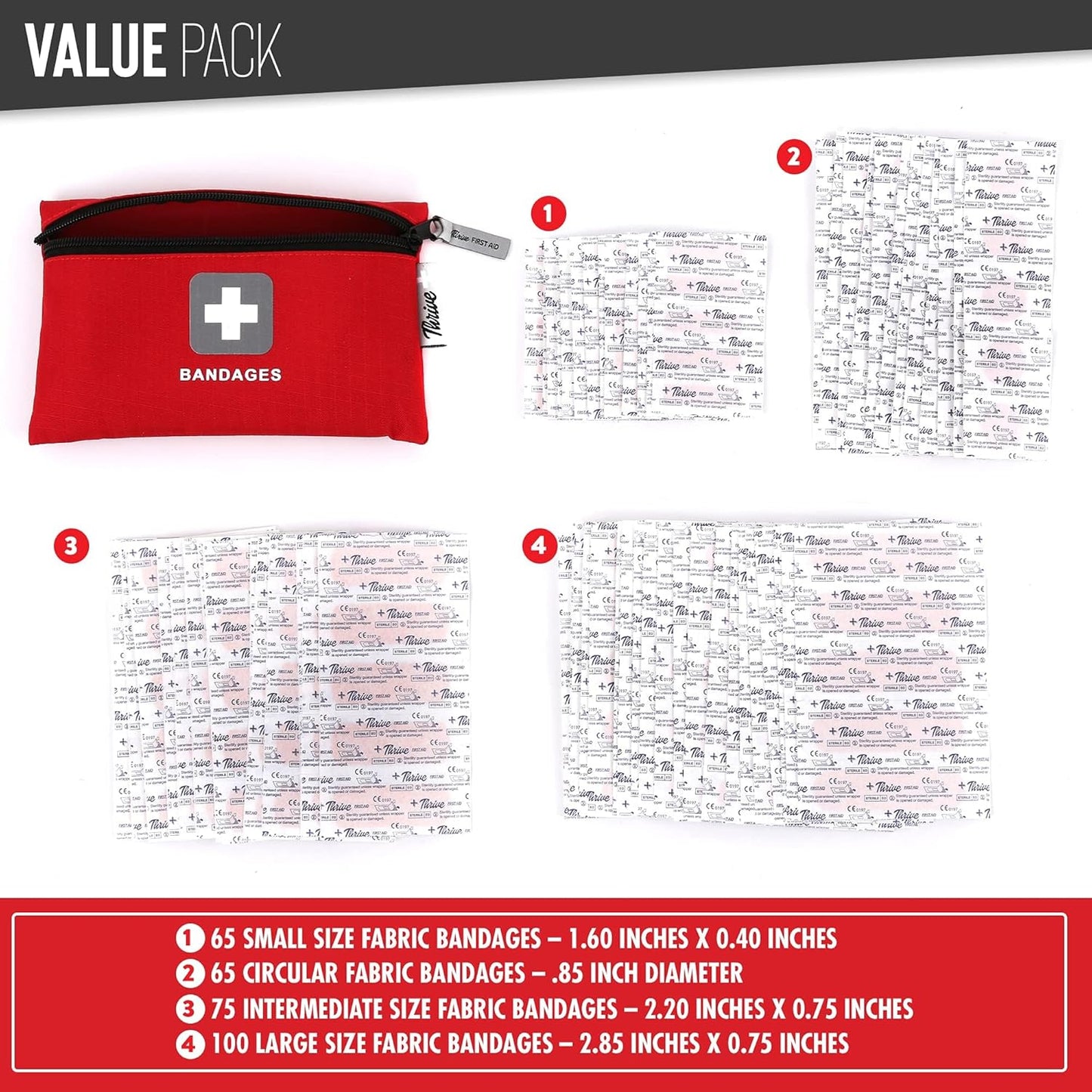 Thrive Adhesive Bandages (Pack of 305)- Multipack- Fabric with Storage Bag, Tough and Flexible Waterproof Bandages Variety Pack for Kids and Adults, Small, Medium, Large, and Circular Sizes Included