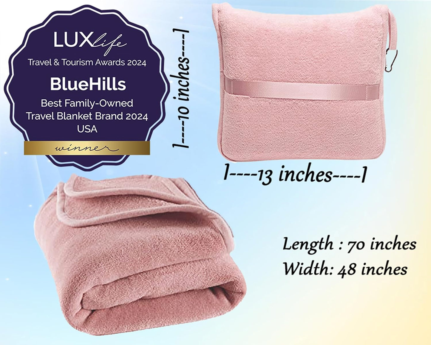 BlueHills Premium Soft Long Travel Blanket Pillow for Tall Airplane Flight Blanket 70 X48 inch Throw in Soft Bag case with Backpack Clip Compact Large Plane 2 in 1 Combo Pink T055