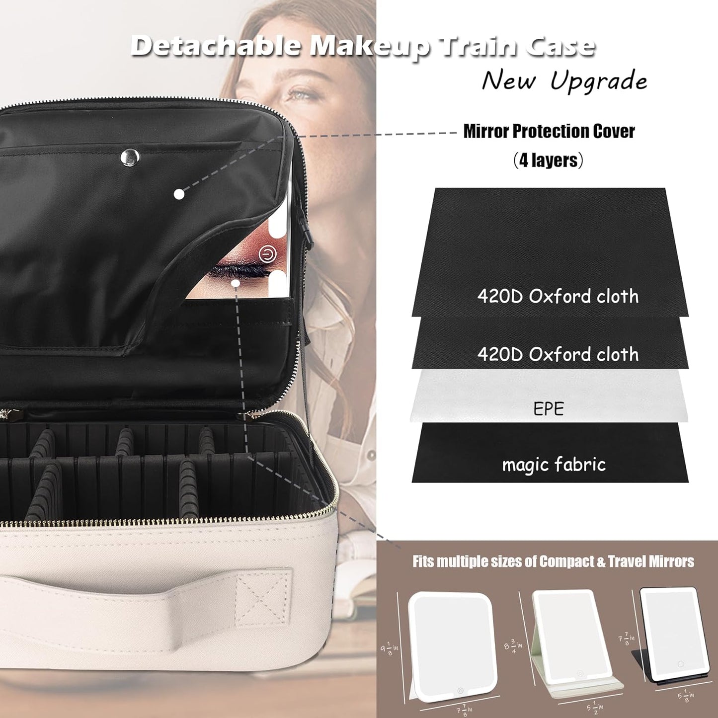 MOMIRA Travel Makeup Bag Cosmetic Bag Makeup Organizer Bag with Lighted Mirror, Adjustable Brightness in 3 Color Scenarios, Waterproof Makeup Train Case, Gift for Women - Khaki