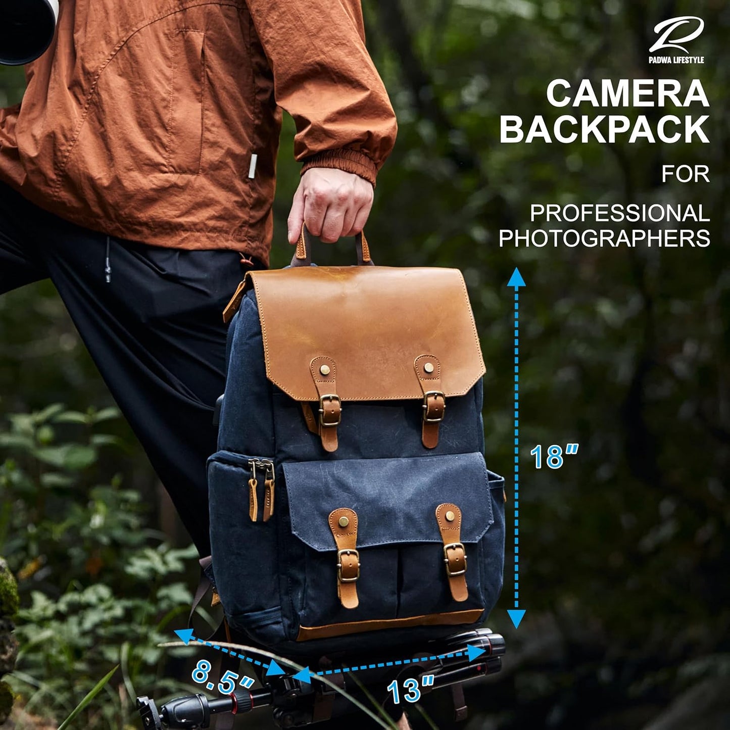Padwa Lifestyle Blue Camera Backpack - Waxed Memory Canvas Camera Bag, Multi DSLR SLR Large Camera Backpacks for Photographers with 16” Laptop & Lens Compartment and Tripod Holder & Weather Resistant