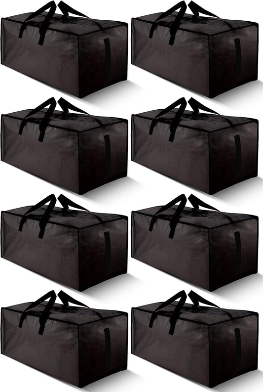8 Pack Large Strong Bags with Zippers & Carrying Handles - Water-Resistant - Heavy Duty Storage Tote for Space Saving, Fold Flat, Alternative to Moving Box (Black)