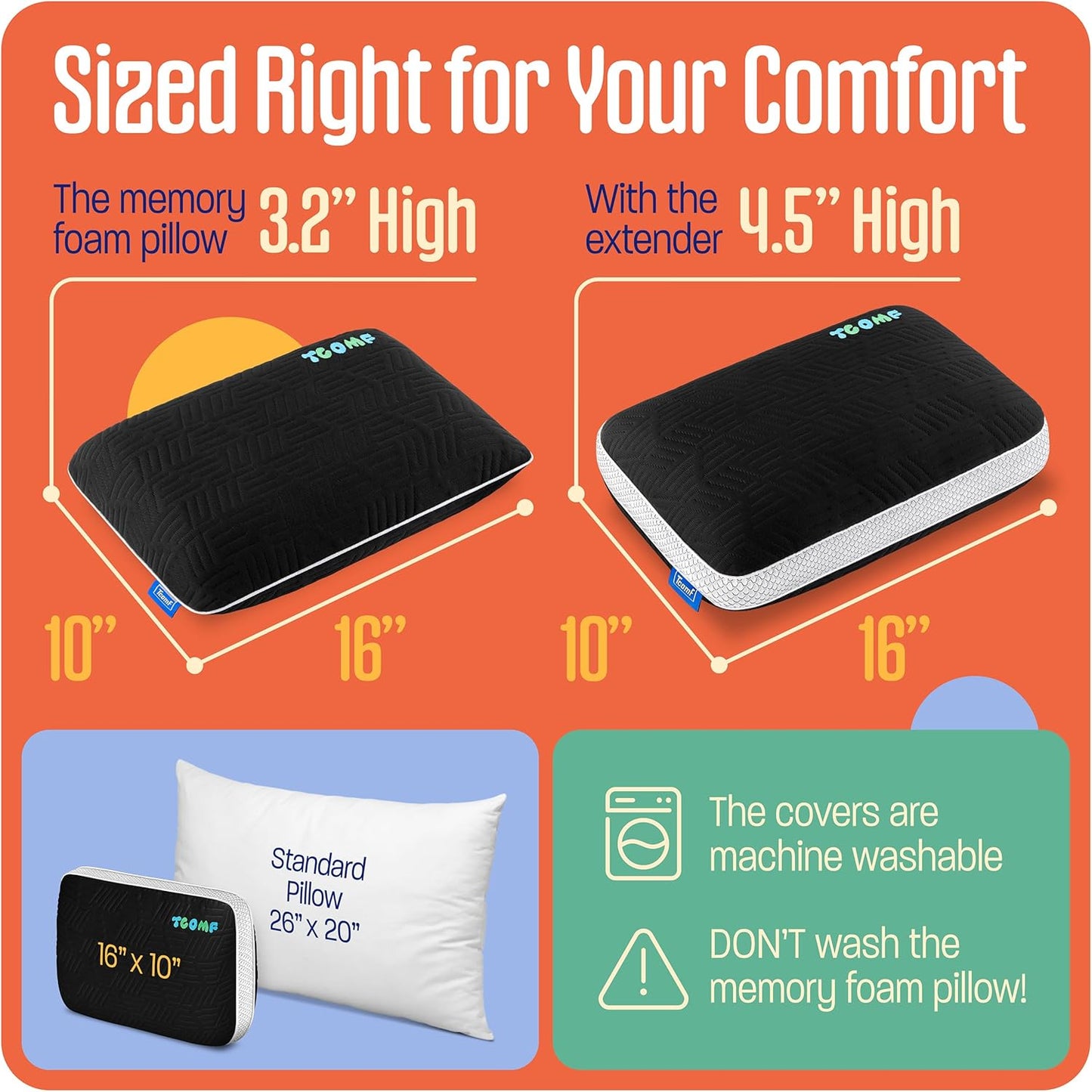 Kids Camping Pillow: Dual-Cover Memory Foam Small Pillow; Medium-Firm Camp Pillow | Mini Pillow w/ 5 Layers for Comfort and Support; Small Travel Pillow/Compact Pillow 10x16 Inches (Black)