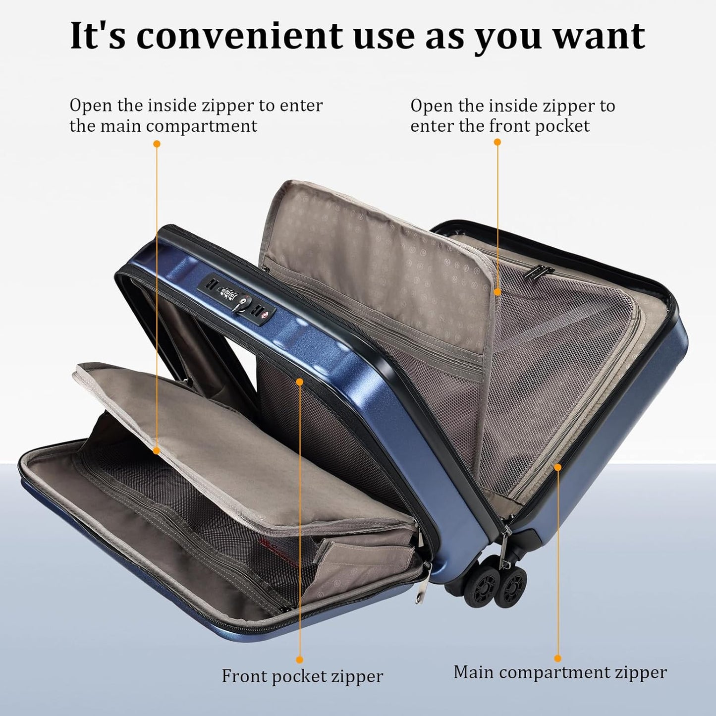 16" Carry On Briefcase Luggage with 2 Laptop Compartments, Lightweight Hardshell Suitcase with Spinner Silent Wheels, for Commute Work Business Trip, Dark Blue