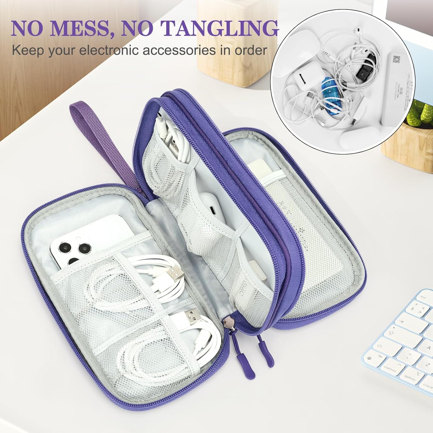FYY Electronic Organizer, Travel Cable Organizer Bag Pouch Electronic Accessories Carry Case Portable Waterproof Double Layers Storage Bag for Cable, Charger, Phone, Earphone, Medium Size- Purple