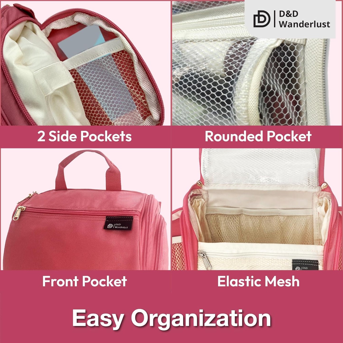 D&D Hanging Travel Toiletry Bag for Men and Women – Large Cosmetics, Makeup and Toiletries Organizer Kit with 10 Compartments, YKK Zippers, XXL Metal Swivel Hook, Water-Resistant Nylon