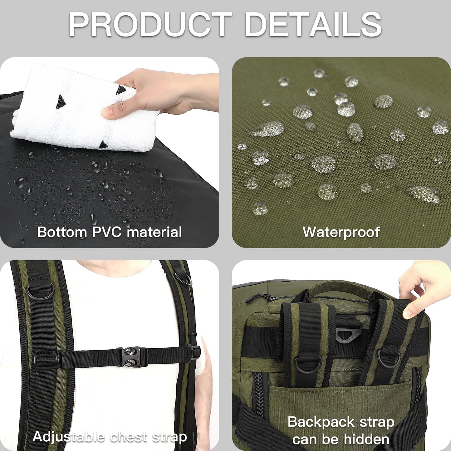 TUGUAN Extra Large Travel Duffle Bag Backpack for Men with Adjustable Dividers 120L Big Weekend Overnight Bag with ID Pocket Shoulder Strap Heavy Duty Sports Duffel Bags for Camping Gym, Green