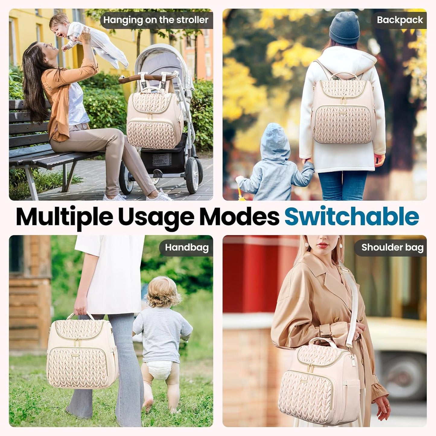 4 in 1 Convertible Diaper Bag Backpack,Waterproof Baby Diaper Bag with Changing Pad,Converts into Baby Tote Bag,Diaper Backpack,Stroller Bag and Crossbody Diaper Bag