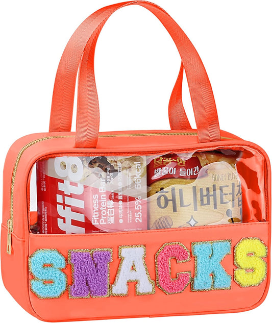 Snack Bag for Travel - Chenille Letter Clear Makeup Bag, Large Preppy Patch Snack Cosmetic Bag with Handle and Zipper, Cute Makeup Pouch Nylon&PVC Waterproof Toiletry Organizer Storage for Women Girls