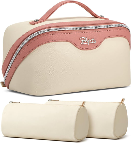 BOYATU Travel Makeup Bag Organizer Cosmetic Bag: 3 Pcs Set Make up Bags for Women with Handle - Waterproof Vegan Leather Toiletry Bags with Comparments (D-02-White)