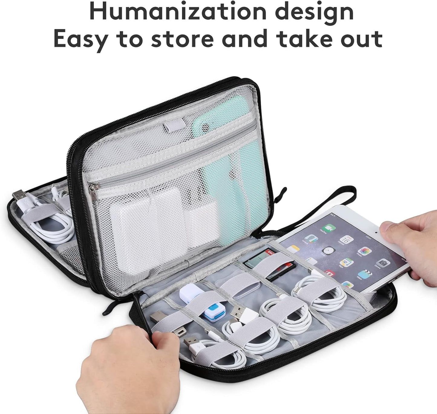 DDgro Travel Electronics Organizer Pouch Bag for Tech Gadgets & Airplane Accessories, for Cables/Cords & Chargers/iPad Mini (Large, Black)