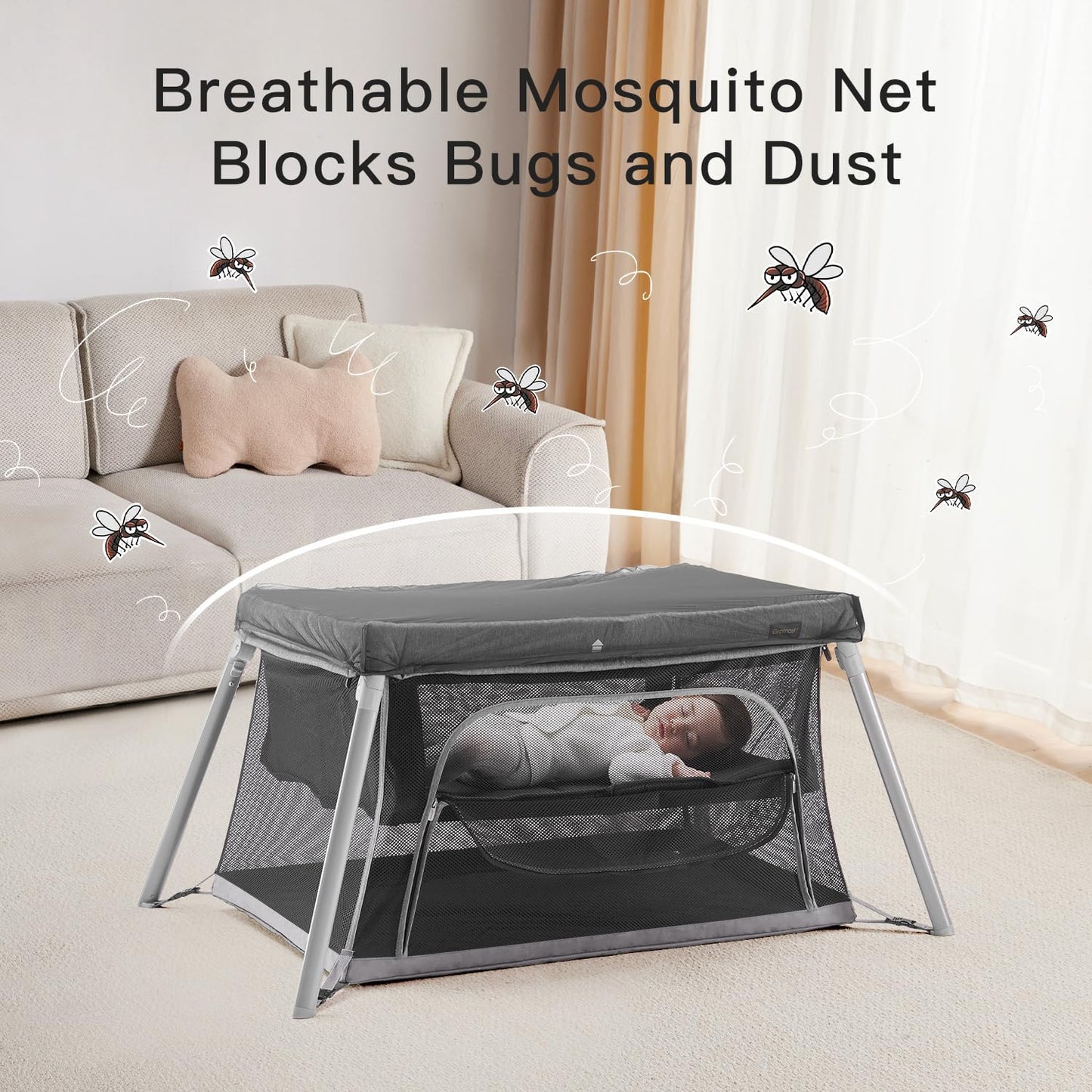 2 in 1 Portable Travel Crib for Toddler, Foldable Crib for Baby, Lightweight Playpen Collapsible Playard with Soft Mattress, Easy to Carry Baby Travel Bed for Outdoor, Indoor (Grey)