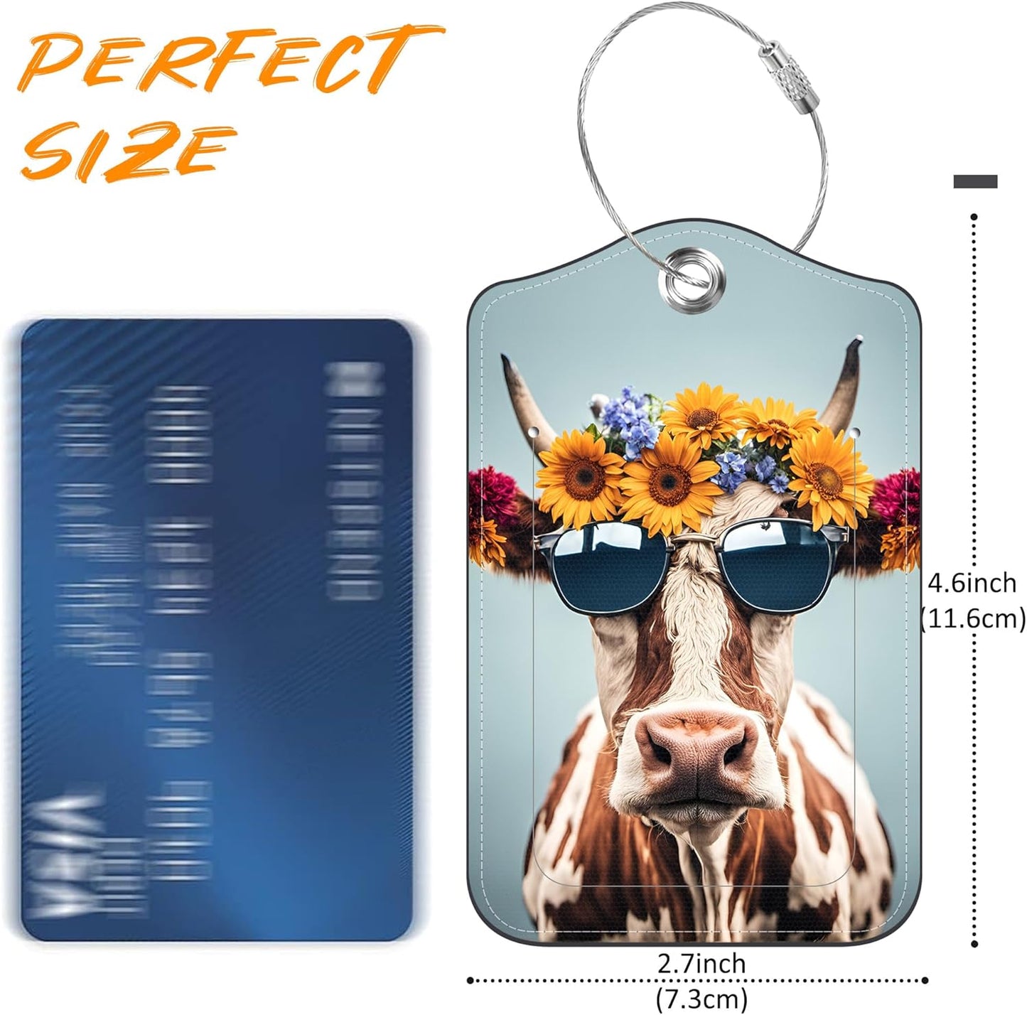 2 Pack Luggage Tag for Suitcase Cool Cow in Sunglasses Leather Travel Cruise Luggage Tag with Stainless Steel Loop Name ID Label Privacy Cover for Adults Teens Travel Bag Labels Set