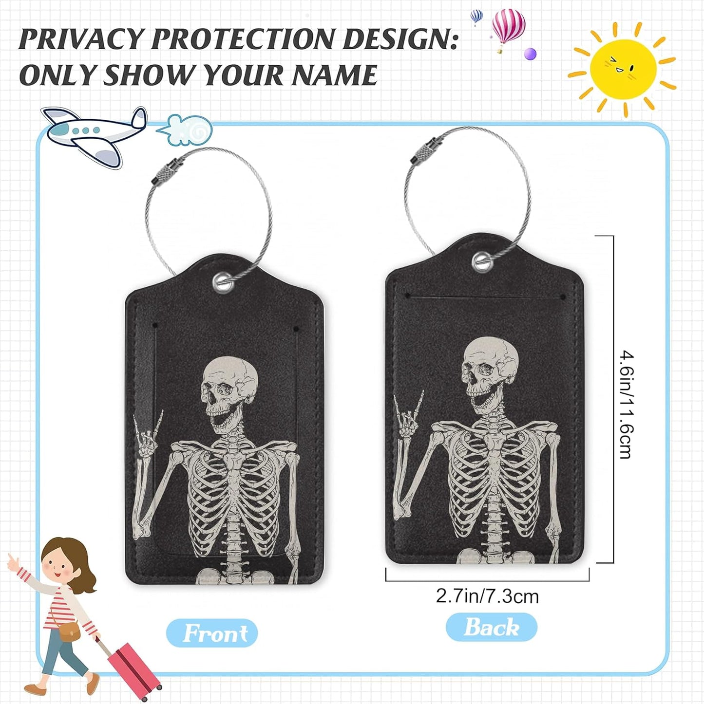 3 Pack Luggage Tag for Suitcase,Rock Roll Skeleton Leather Luggage Tags with Privacy Cover Name ID Label Identifiers Travel Bag Tags for Women Men Boys Girls