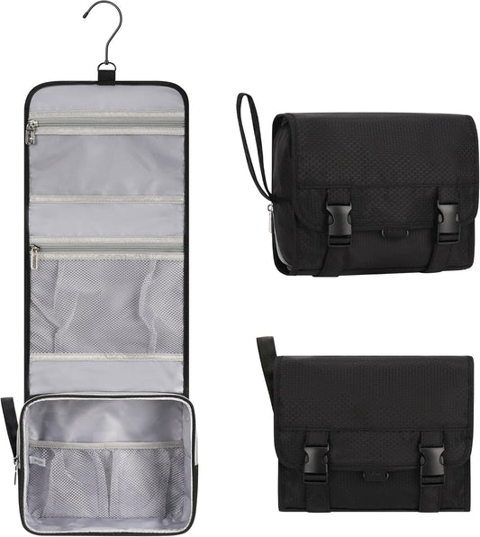 Small Hanging Toiletry Bag for Men and Women, Portable Hanging Organizer for Travel-Sized Shower Dopp Kit, Makeup Accessories, Waterproof Toiletries Organizer with 3 Compartments for Outdoor - Black