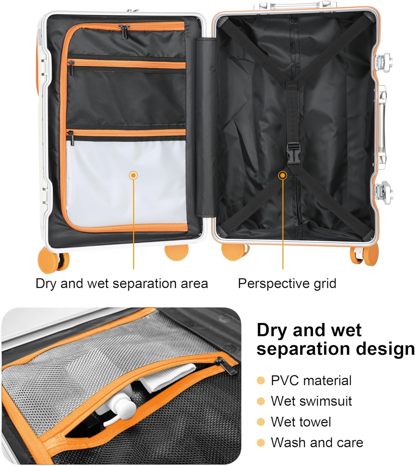 2-Piece Hardshell Zipperless Luggage Set, 20/26" Aluminum Frame Hardshell Spinner Luggage, Airline Approved Carry-On Luggage, TSA Lock, 360° Quiet Wheels With Cup Holder (orange)
