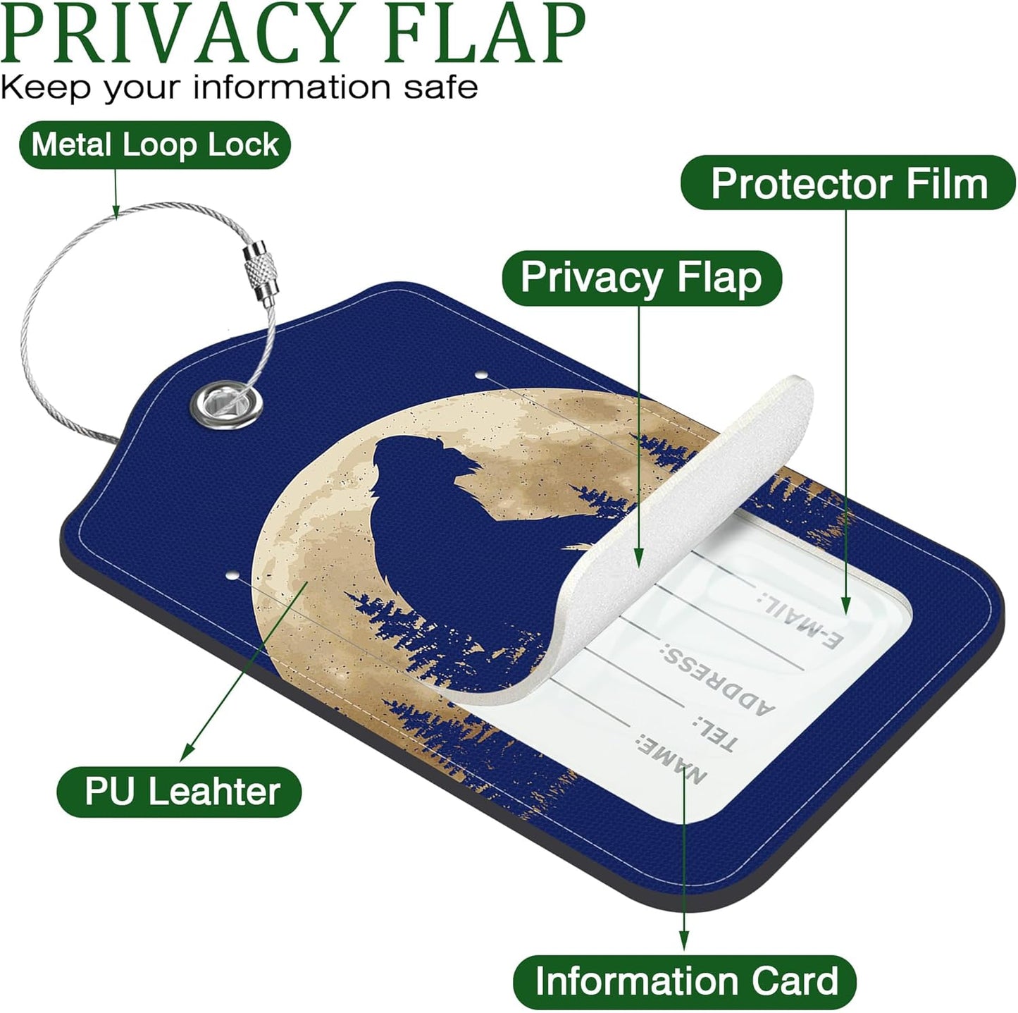 2 Pack Luggage Tag for Suitcase Black Sasquatch Leather Suitcase Tags with Privacy Name ID Label and Stainless Steel Loop for Travel Bag