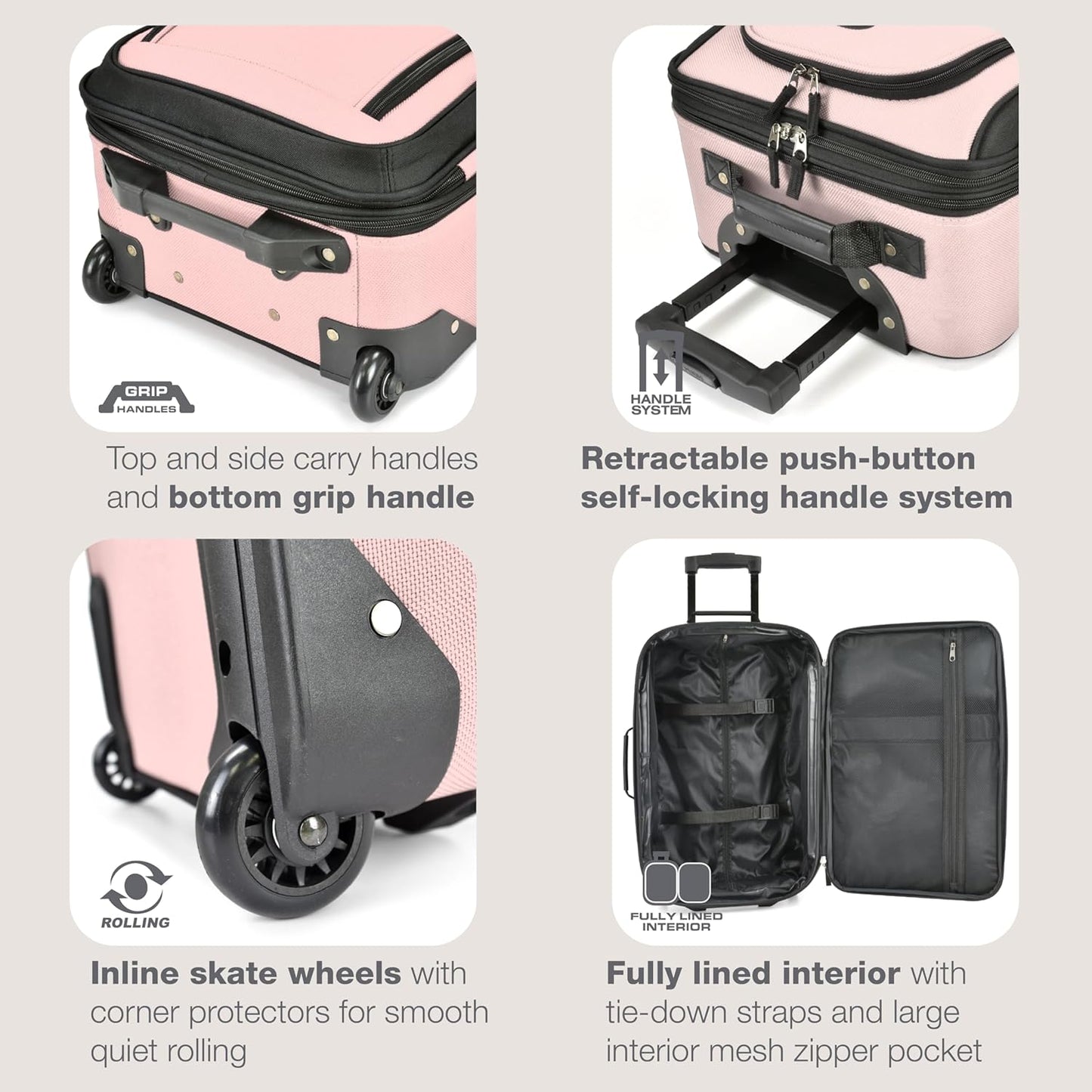 U.S. Traveler Rio Fabric Expandable Carry-on Luggage, Rolling Suitcase, Pink, 2 Wheel Set