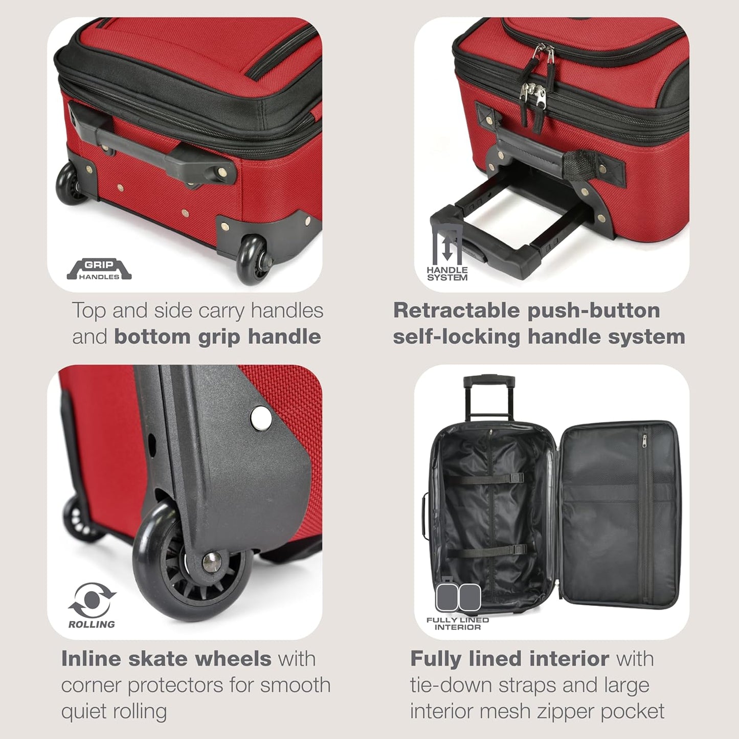 U.S. Traveler Rio Fabric Expandable Carry-on Luggage, Rolling Suitcase, Red, 2 Wheel Set