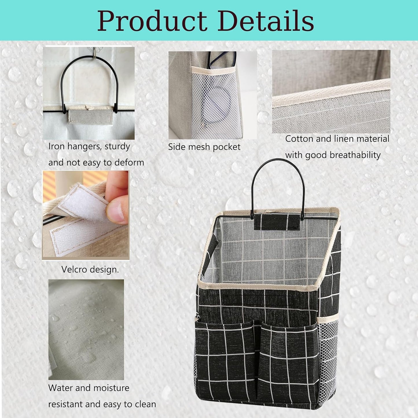 2pcs Wall Hanging Storage Bag,Wall Hanging Organizer Bags with Pockets, Wall Organizer Storage for Dormitory Bathroom Bedroom Kitchen(Black Grid)
