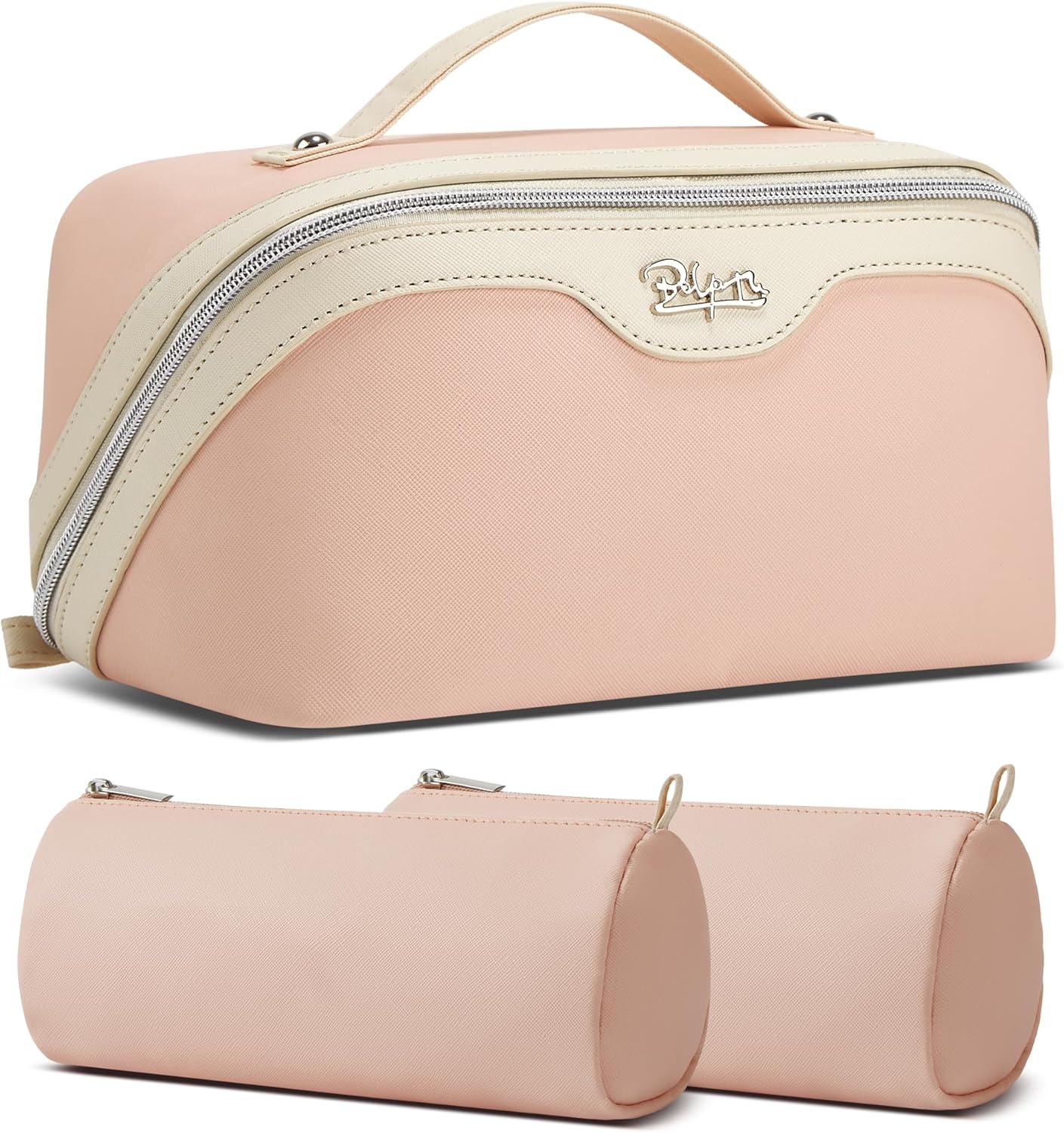 BOYATU Travel Makeup Bag Organizer Cosmetic Bag: 3 Pcs Set Make up Bags for Women with Handle - Waterproof Vegan Leather Toiletry Bags with Comparments (D-04-Pink)