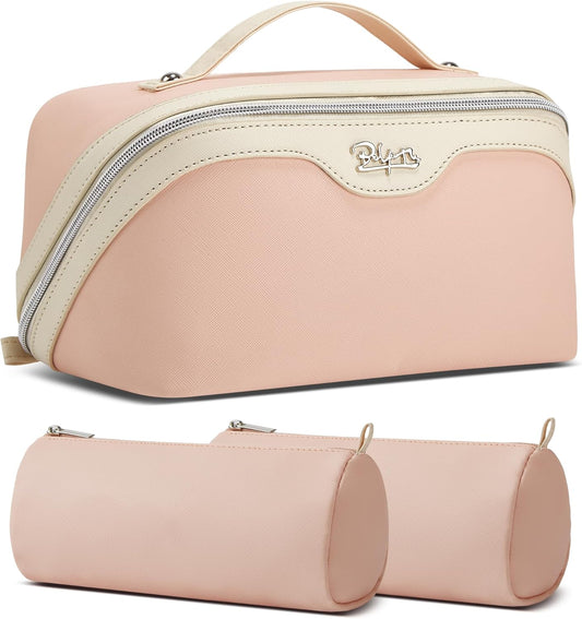 BOYATU Travel Makeup Bag Organizer Cosmetic Bag: 3 Pcs Set Make up Bags for Women with Handle - Waterproof Vegan Leather Toiletry Bags with Comparments (D-04-Pink)