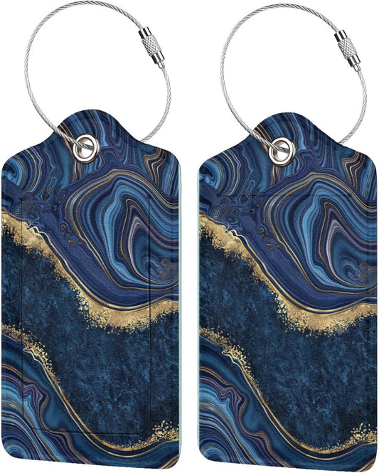 2PC Dark Blue Marble Luggage Tags Leather Suitcase Tag Privacy Name ID Card Quick to Find Out Travel Bag Labels with Stainless Steel Loop for Women Men Chilren Set of 2